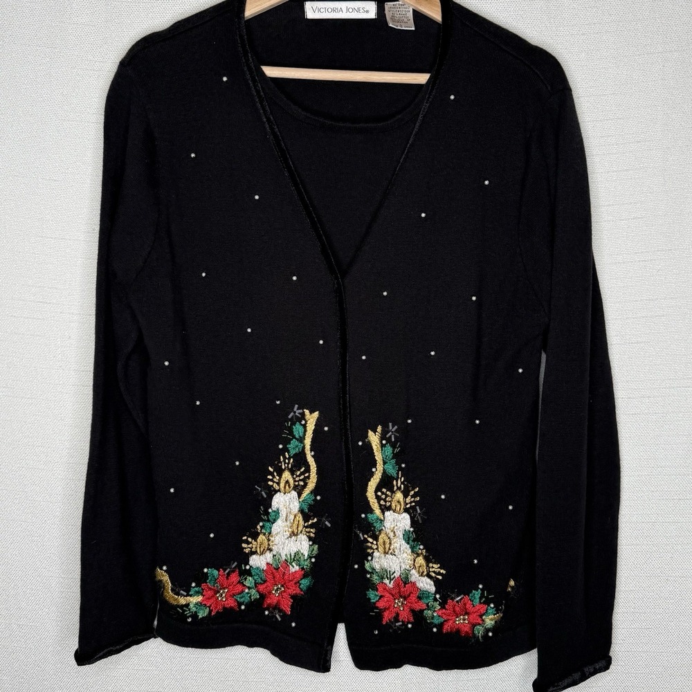 Victoria Jones Christmas Sweater Womens L‎ Poinsettia Pearl Embroidered Velvet